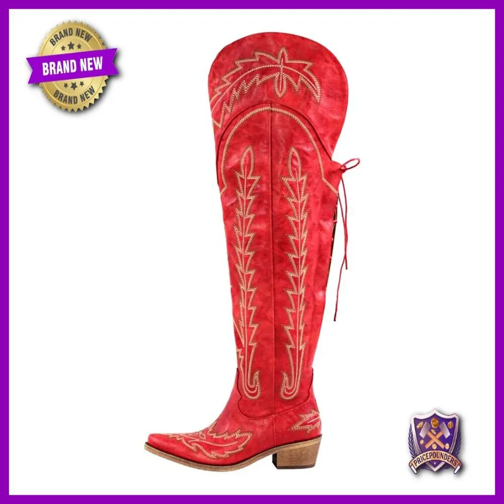 Thigh High Western Cowboy Boots Embroidered Wide Calf Chunky Heel Y2K